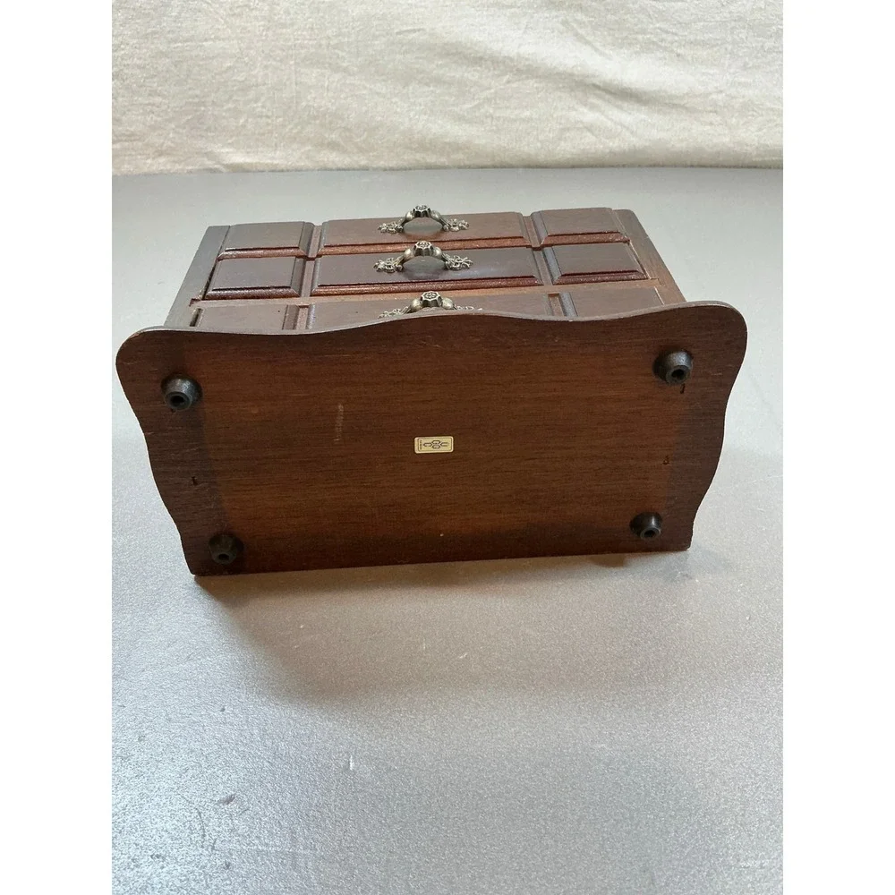 Vintage Illinois Musical Jewelry Box Solid Wood 3 Drawer Mirror Yellow Lining
